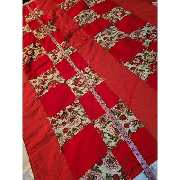 Vintage Handmade Red Cottagecore Patchwork Floral Quilted Throw Blanket - Picture 7 of 13